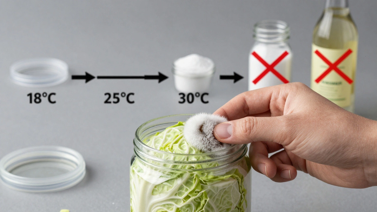 Рука убирает плесень с капусты, на заднем плане — признаки ошибок: пластиковая крышка, йодированная соль, уксус.