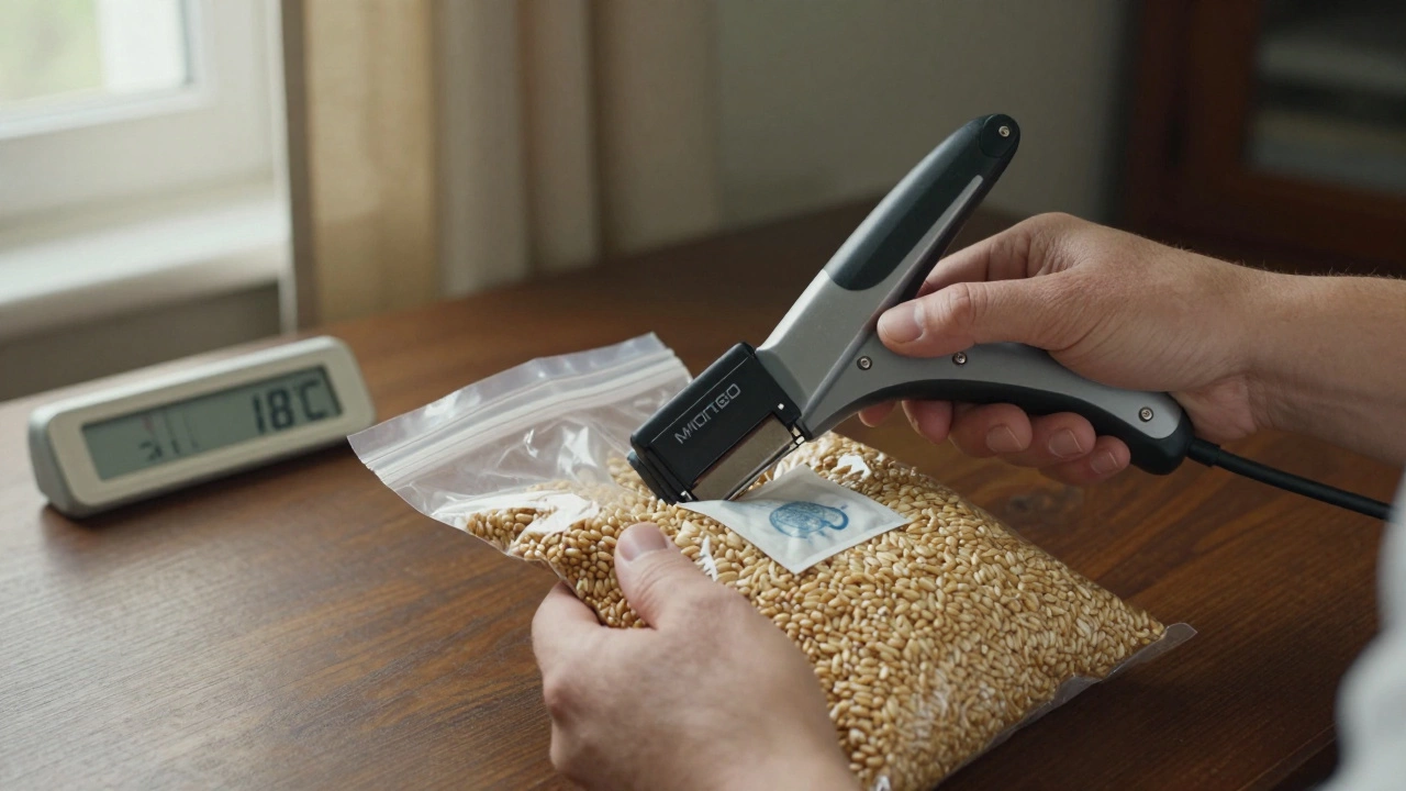 Руки запечатывают пакет Mylar с пшеницей и поглотителем кислорода, на фоне тёмного стола и затянутых штор.