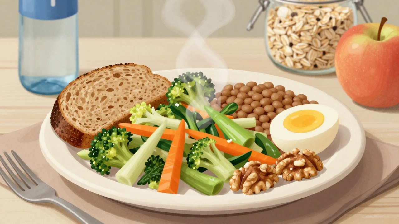 Сбалансированный обед с овощами, чечевицей, яйцом, орехами и яблоком на керамической тарелке в зимнем стиле.