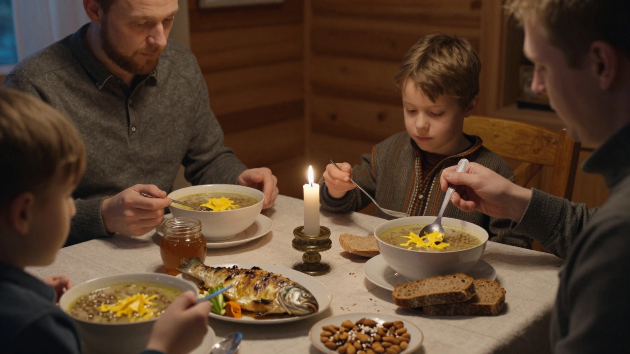 Семья ест суп с чечевицей и запеченной рыбой в уютной кухне Сибири.