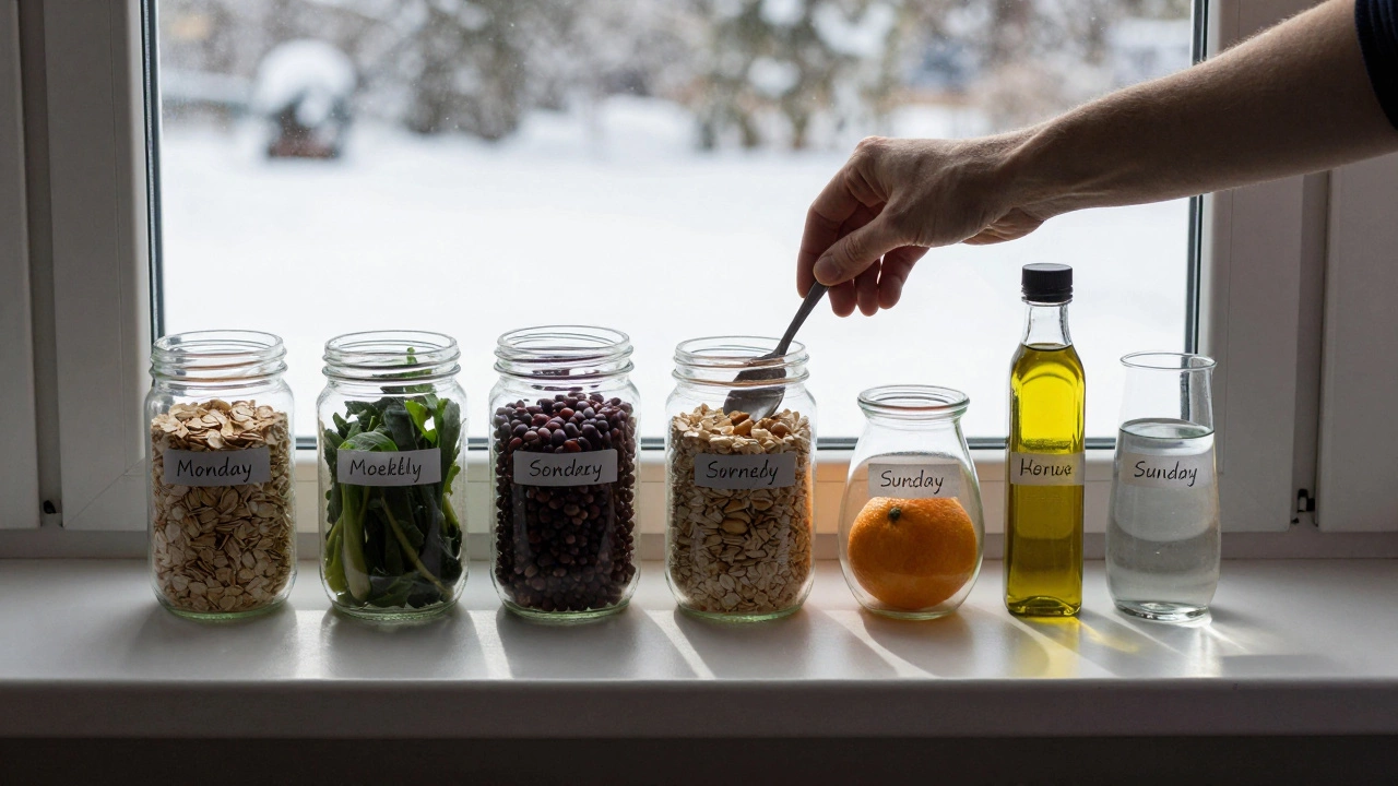 Семь прозрачных банок с основными здоровыми продуктами, расставленными по дням недели на подоконнике под зимним светом.