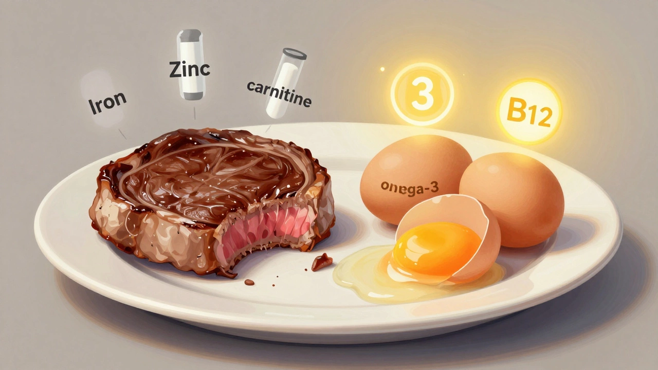 Сравнение питательных веществ в мясе и яйцах через визуальные символы на тарелке