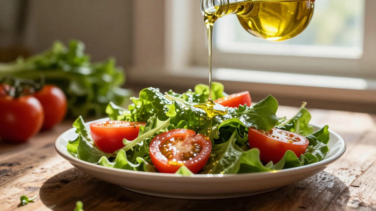 Свежий салат с оливковым маслом под солнечным светом.