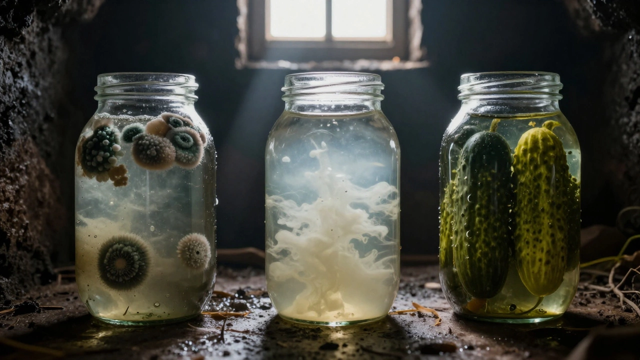 Темный погреб с тремя банками: одна с плесенью, одна мутная, одна чистая — луч света выделяет безопасную.