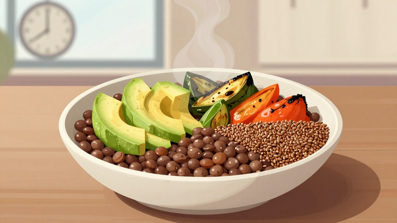 Вегетарианская тарелка с чечевицей, авокадо и запечёнными овощами.