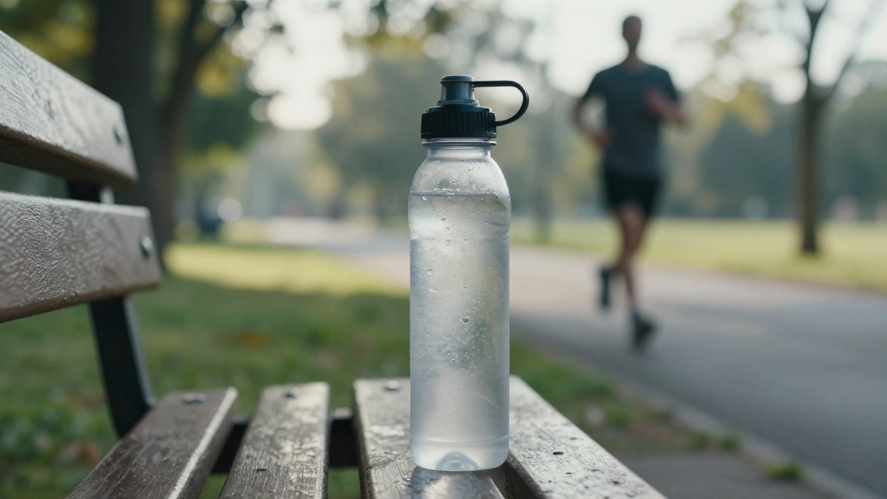 Вода на лавочке парка, размытый бегун на фоне тропинки
