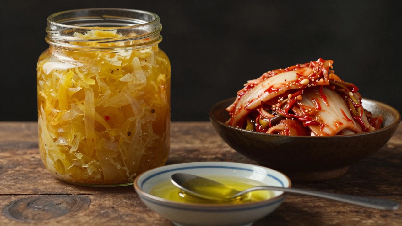 Банка квашеной капусты, кимчи и печень трески на деревянном столе