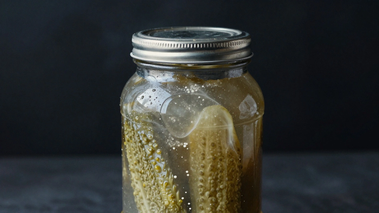 Банка с мутным рассолом и вздутой крышкой как признак порчи продукта