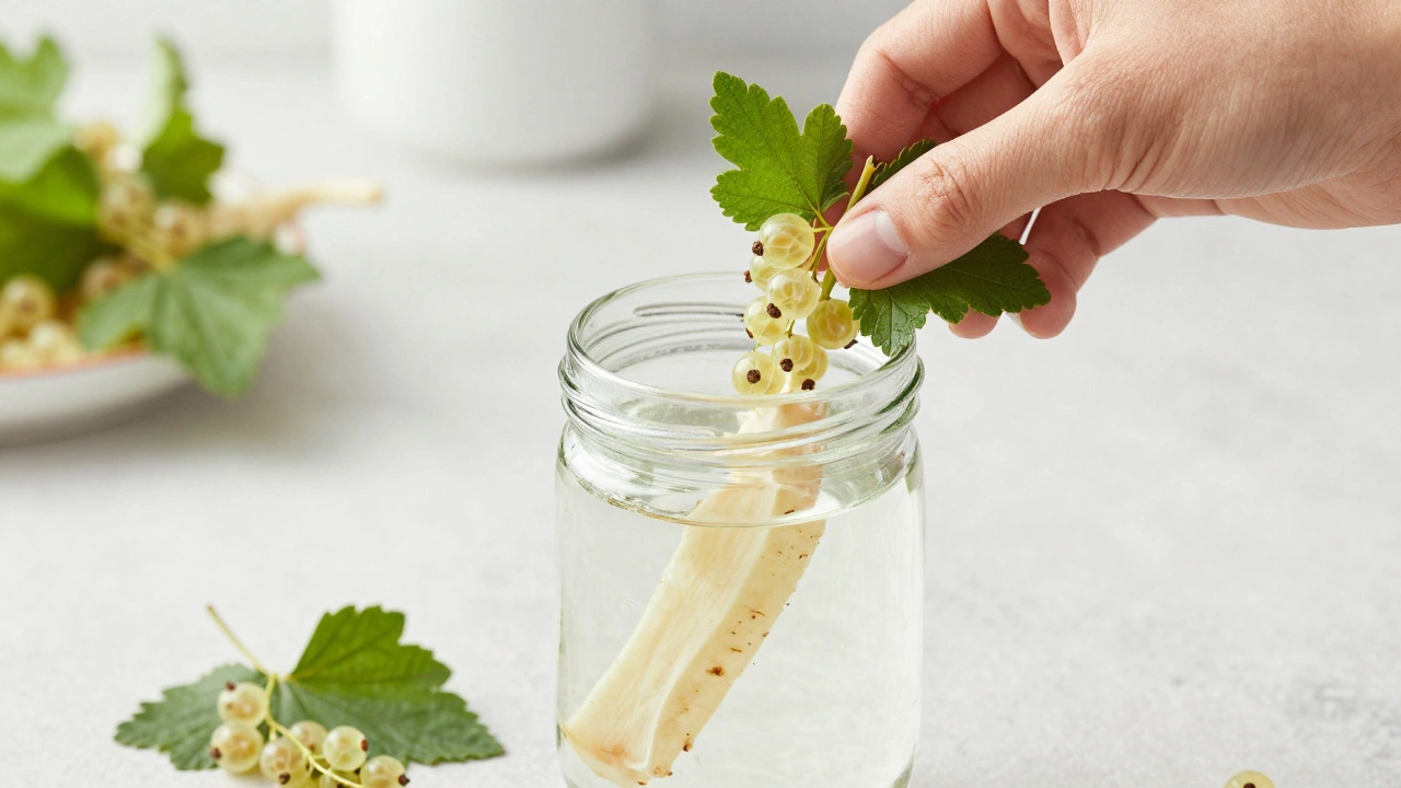 Добавление листьев смородины и хрена в банку для сохранения хруста овощей