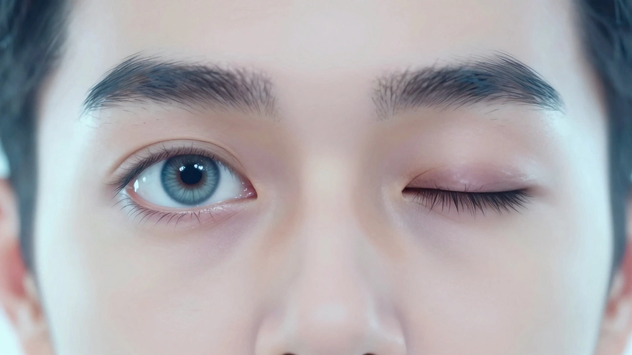 Иллюстрация симптомов ботулизма: опущенное веко и эффект двоения в глазах