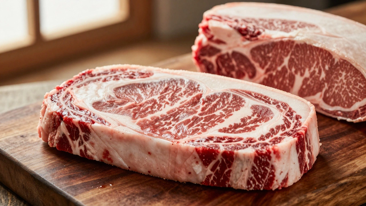 Мраморный стейк из говядины и жирная свинина на деревянной доске