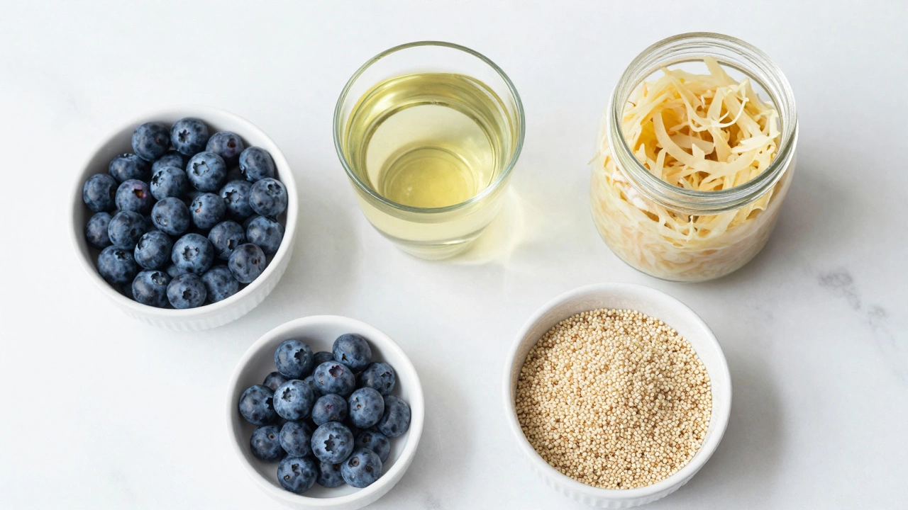 Набор продуктов для долголетия: черника, зеленый чай, квашеная капуста и киноа