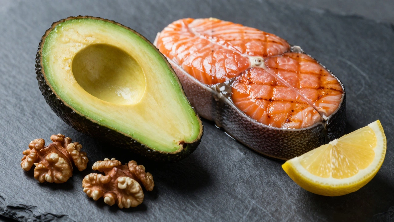 Натюрморт с авокадо, грецкими орехами и лососем для здоровья мозга и сердца