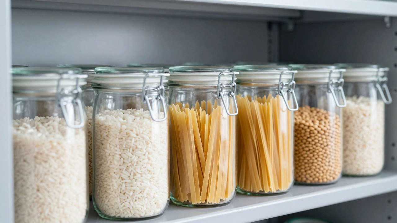Организованное хранение круп в герметичных стеклянных банках на металлическом стеллаже
