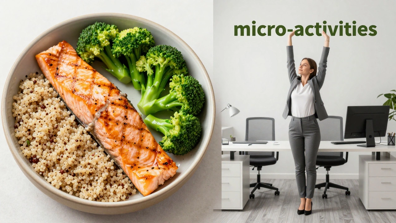 Полезная еда с лососем и человек, делающий перерыв в офисе