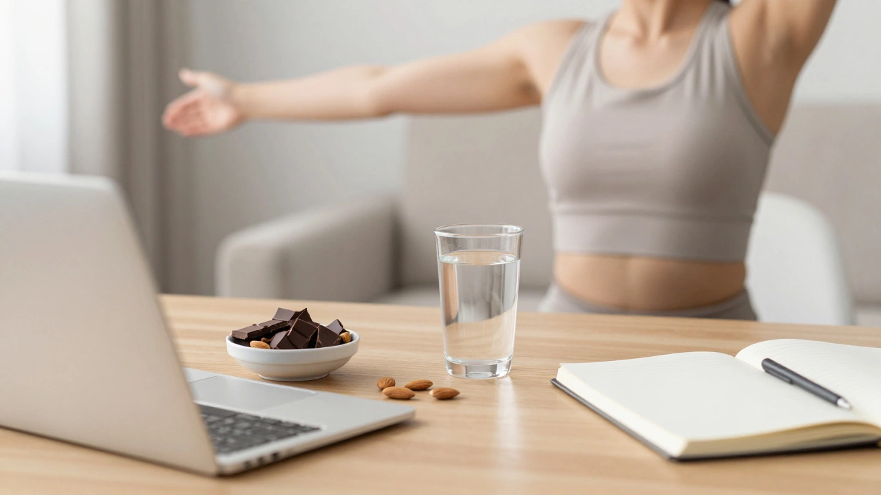 Рабочее место с полезными перекусами и человеком, делающим перерыв на разминку