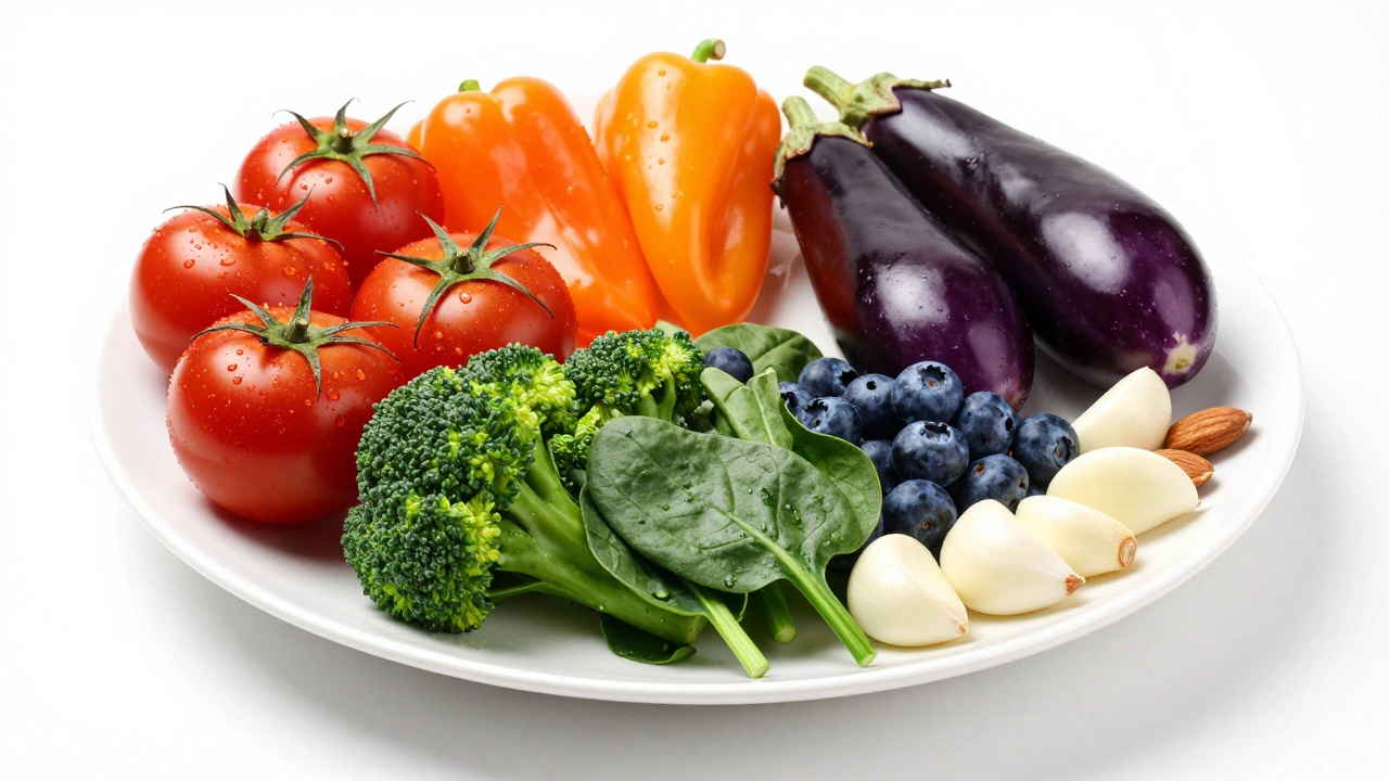 Разноцветные овощи и ягоды, разложенные на тарелке по цветам радуги