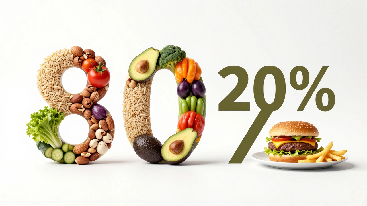 Разнообразные полезные продукты и один бургер, иллюстрирующие правило 80/20