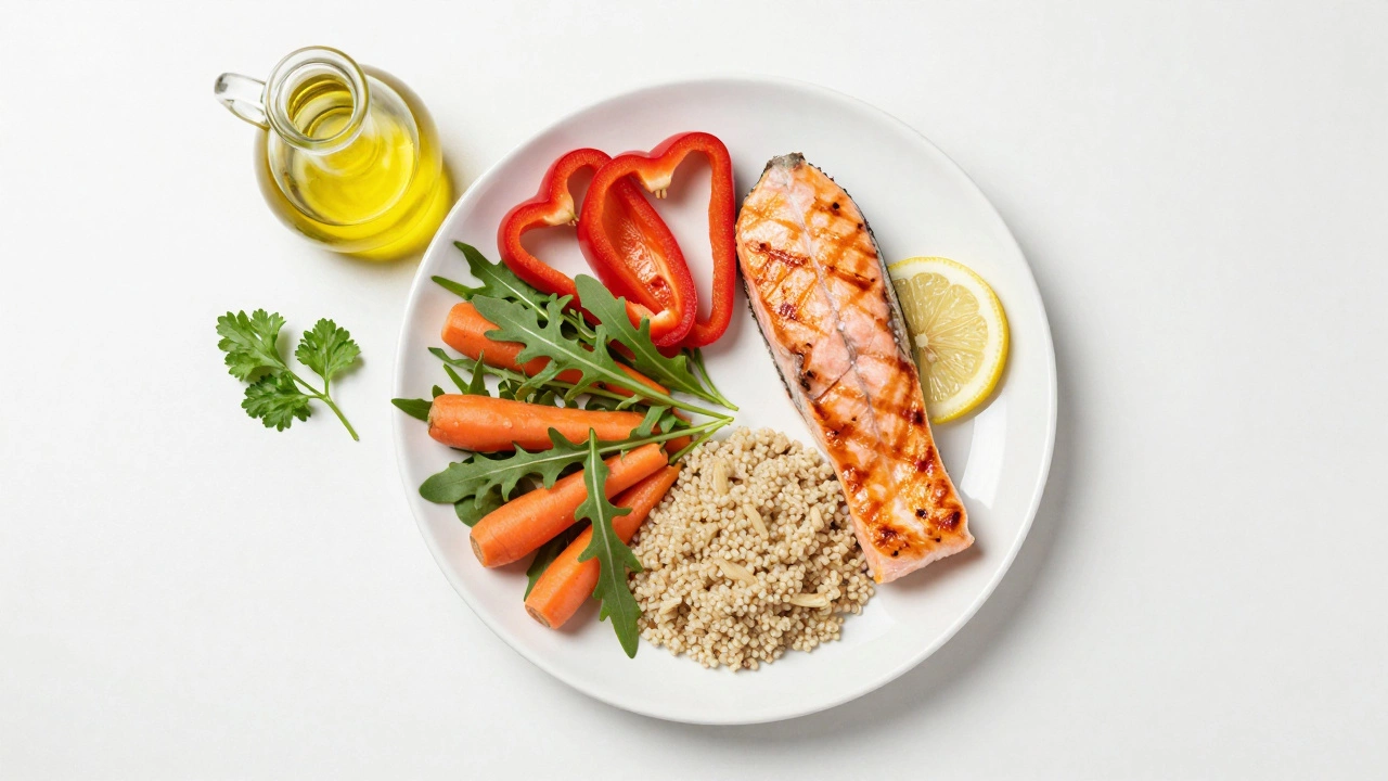 Сбалансированная тарелка с лососем, киноа и разноцветными овощами