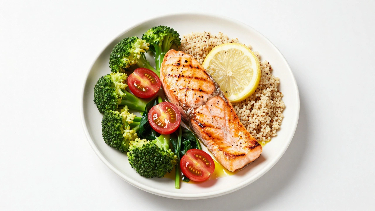 Сбалансированная тарелка с овощами, лососем и киноа