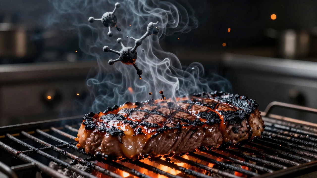 Сильно зажаренный стейк на гриле с поднимающимся дымом