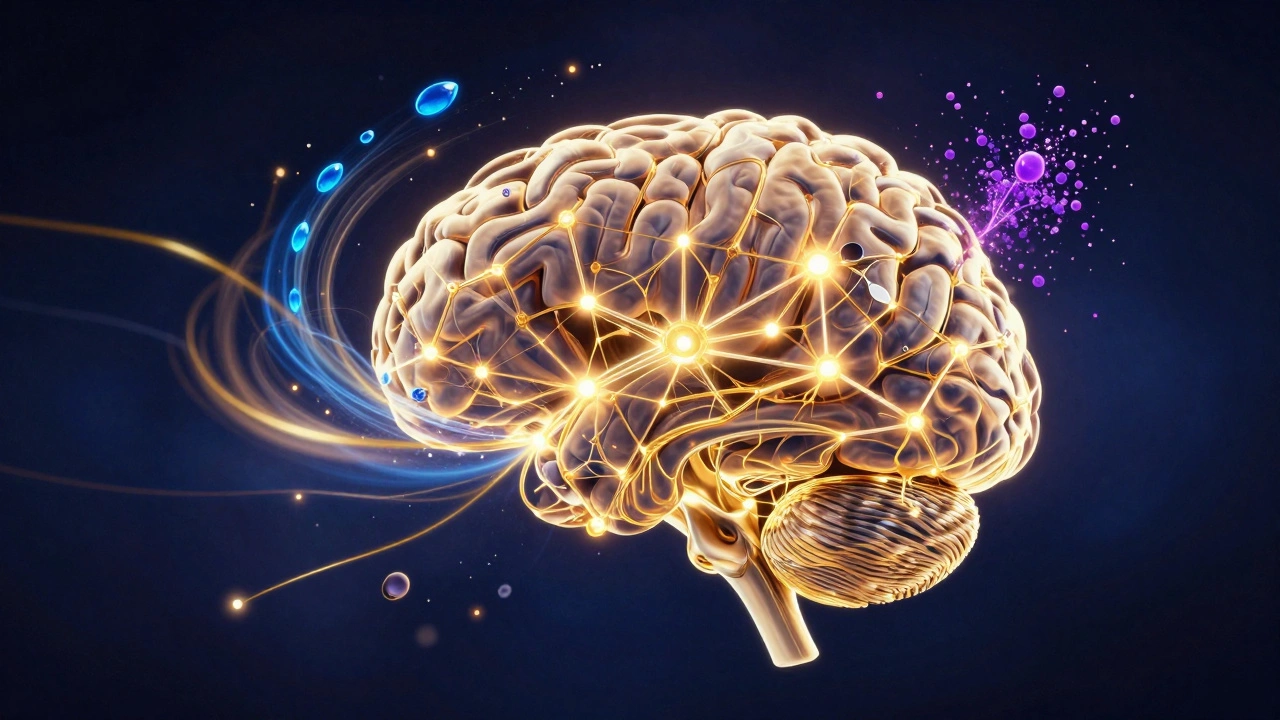 Стилизованное изображение мозга с сияющими нейронными связями и питательными элементами