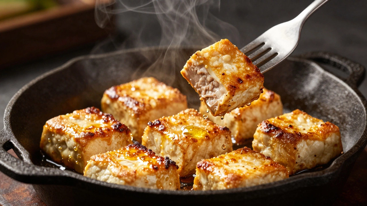 Сочное мясо с золотистой корочкой жарится на сковороде