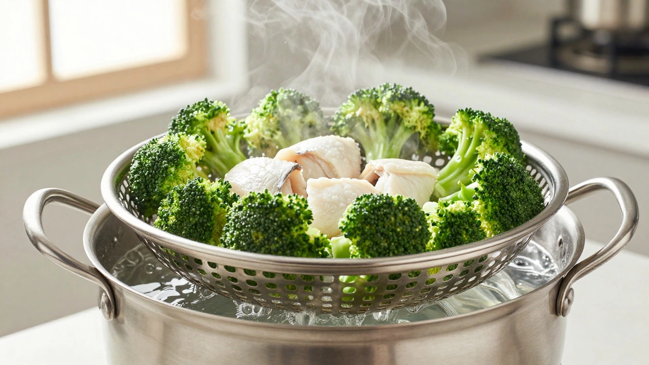 Broccoli and fish cooking in a steamer over boiling water