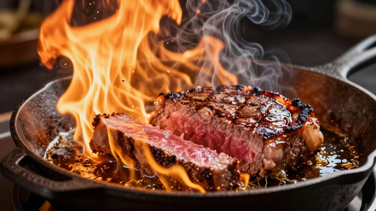Steak sizzling in a hot skillet with rising smoke