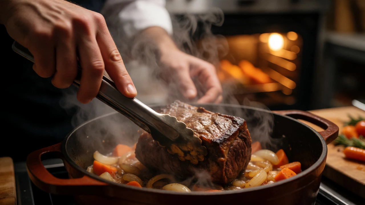Шеф-повар закладывает мясо в кастрюлю для тушения
